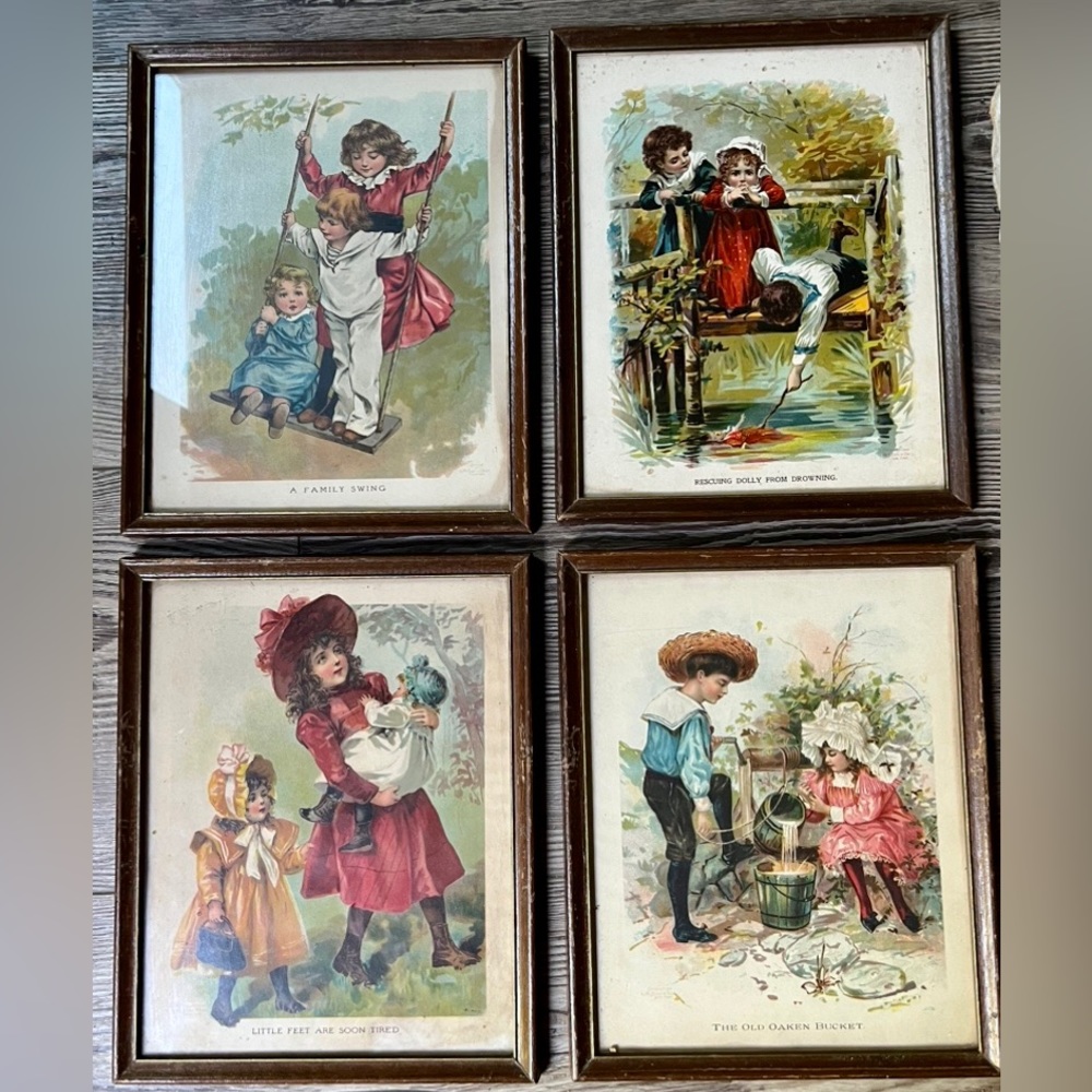 4 VTG Children Victorian Swing Fishing Child Framed 1889 Prints Nursery Art